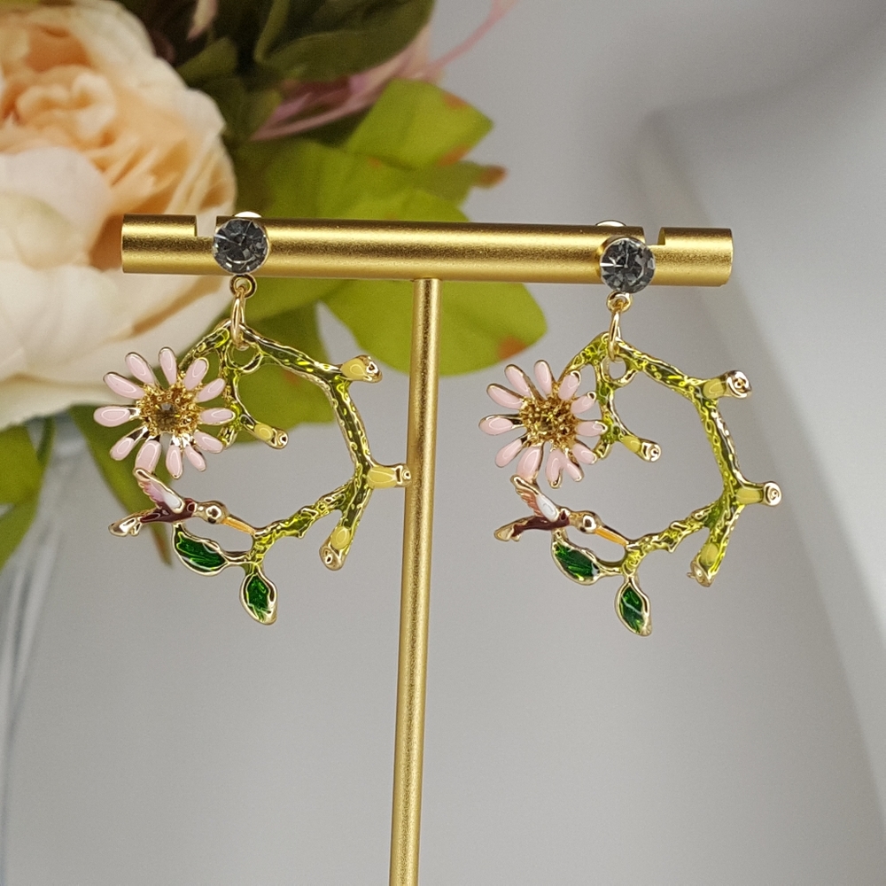 Betsey Johnson Small Floral Humming Birds Hoops